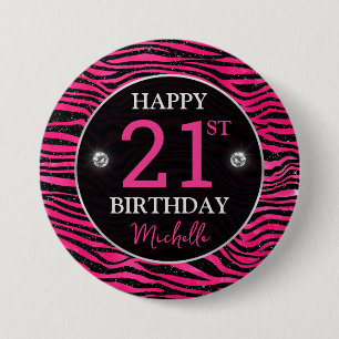 Hot Pink & Black Glitter Tiger Stripes Birthday Button