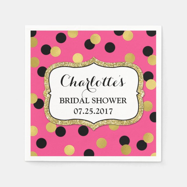 Hot Pink Black Gold Confetti Bridal Shower Napkins (Front)