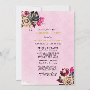 Hot Pink Black Gold Peony Rehearsal Dinner Invitation