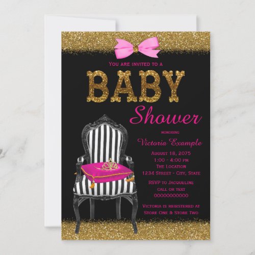 Hot Pink Black Gold Princess Chair Baby Shower Invitation