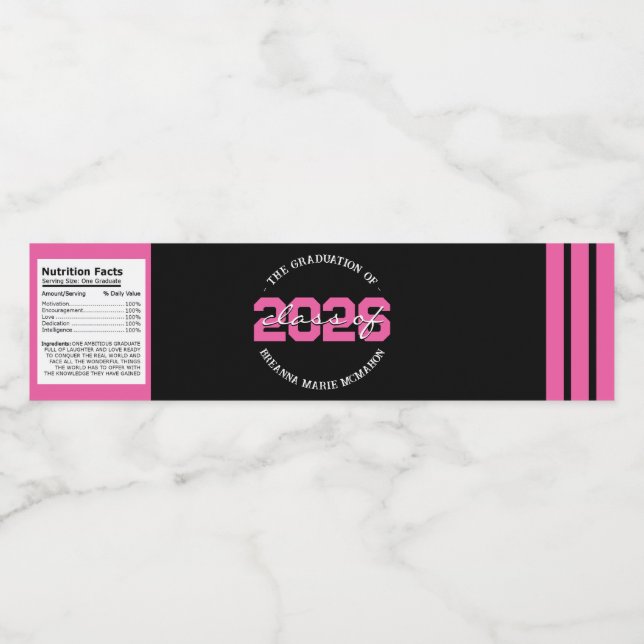 Hot Pink & Black Graduation Water Bottle Labels (Single Label)
