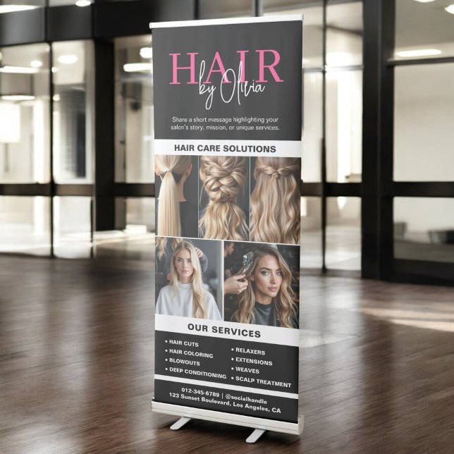 Hot Pink Black Hair Salon Monogram Services Photo Retractable Banner (Creator Uploaded)