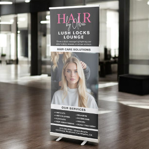 Hot Pink Black Hair Salon Monogram Services Photo Retractable Banner