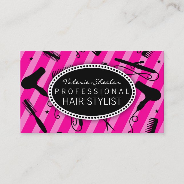 Hot Pink & Black Hair Salon Tools Business Card (Front)