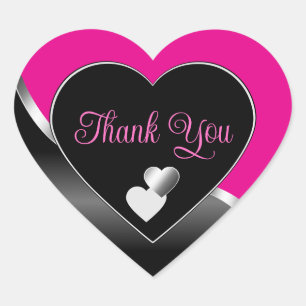 Hot Pink Black Hearts with Wavy Silver Thank You Heart Sticker