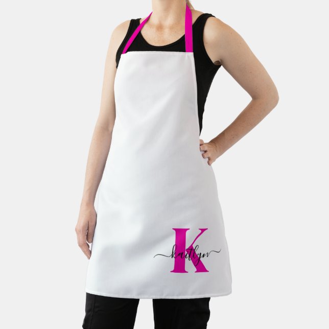 Hot Pink Black Initial Name Monogrammed Apron (Insitu)