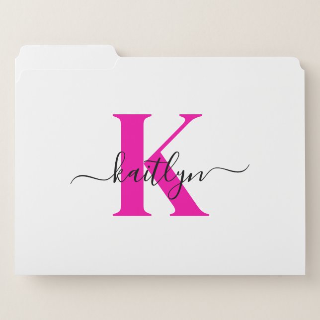 Hot Pink Black Initial Name Monogrammed File Folder (Front Left)