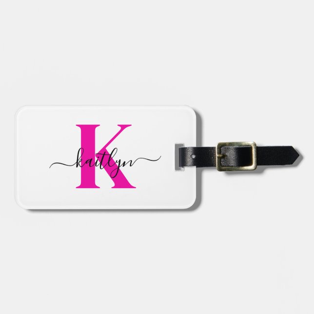 Hot Pink Black Initial Name Monogrammed Luggage Tag (Front Horizontal)