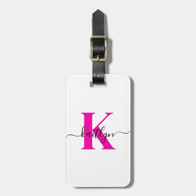 Hot Pink Black Initial Name Monogrammed Luggage Tag (Front Vertical)