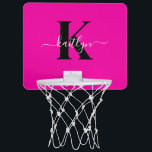 Hot Pink Black Initial Name Monogrammed Mini Basketball Hoop<br><div class="desc">This simple, elegant hot pink mini basketball hoop with your first name in a trendy script font in white typed over your first initial in a modern cap font in black is so fun. It's stylish and trendy and yet very classic. Perfect for shooting hoops and relaxing for a minute....</div>