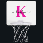 Hot Pink Black Initial Name Monogrammed Mini Basketball Hoop<br><div class="desc">This simple, elegant white mini basketball hoop with your first name in a trendy script font in black typed over your first initial in a modern cap font in hot pink is so fun. It's stylish and trendy and yet very classic. Perfect for shooting hoops and relaxing for a minute....</div>