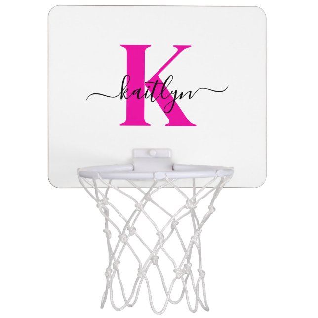 Hot Pink Black Initial Name Monogrammed Mini Basketball Hoop (Front)