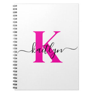 Hot Pink Black Initial Name Monogrammed Notebook