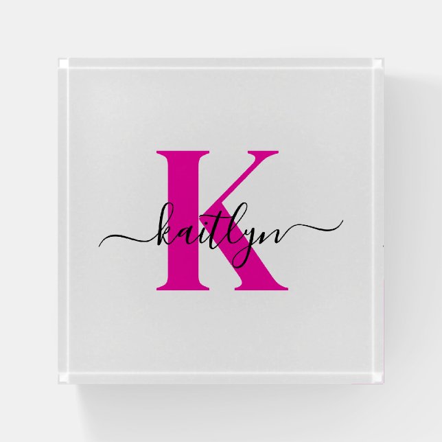 Hot Pink Black Initial Name Monogrammed Paperweight (Front)