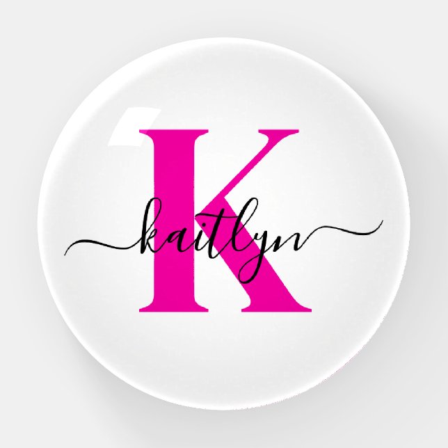 Hot Pink Black Initial Name Monogrammed Paperweight (Front)