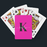 Hot Pink Black Initial Name Monogrammed Poker Cards<br><div class="desc">This simple, elegant hot pink deck of playing cards with your first name in a trendy script font in white typed over your first initial in a modern cap font in black are perfect for when you get together with friends to play cards. They're stylish and trendy and yet very...</div>