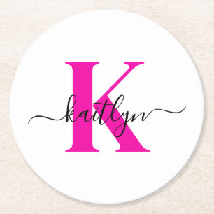 Hot Pink Black Initial Name Monogrammed Round Paper Coaster
