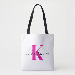 Hot Pink Black Initial Name Monogrammed Tote Bag