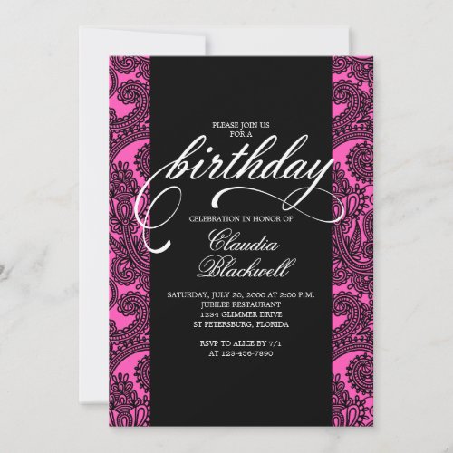Hot Pink Black Lace Birthday Invitation