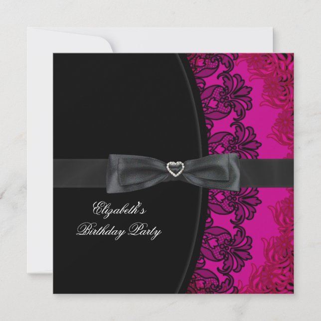 Hot Pink Black Lace Elegant Birthday Party Invitation (Front)