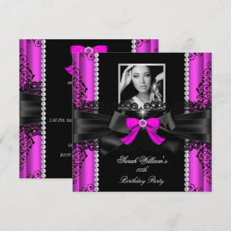 Hot Pink Black Lace Photo Birthday Party Invitation