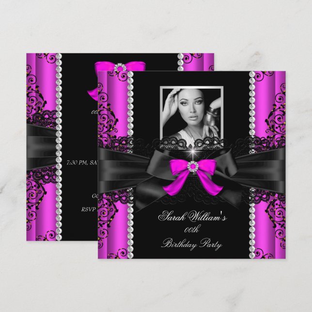 Hot Pink Black Lace Photo Birthday Party Invitation (Front/Back)