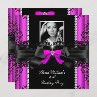 Hot Pink Black Lace Photo Birthday Party Invitation
