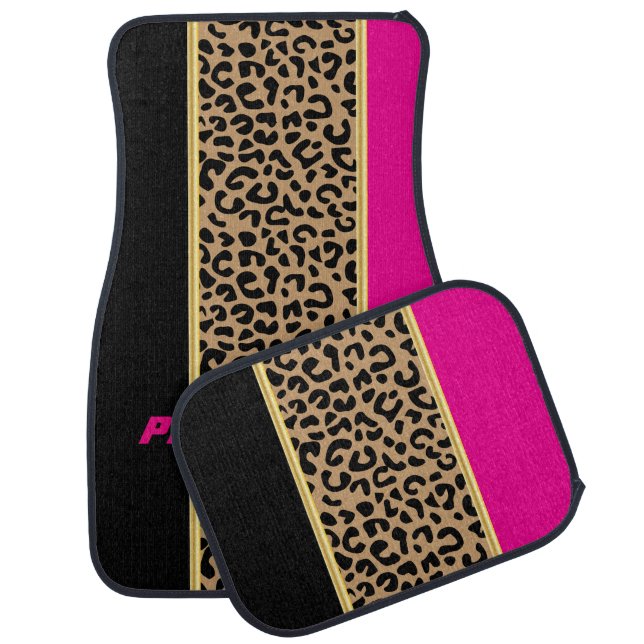 Hot Pink & Black Leopard Animal Print Car Floor Mat (Set)