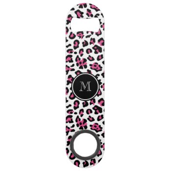 Hot Pink Black Leopard Animal Print With Monogram Bar Key by GraphicsByMimi at Zazzle