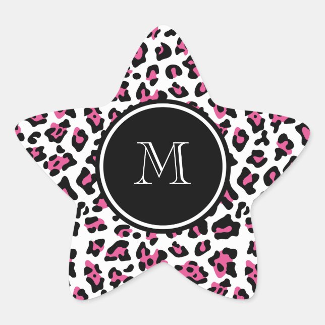 Hot Pink Black Leopard Animal Print with Monogram Star Sticker (Front)