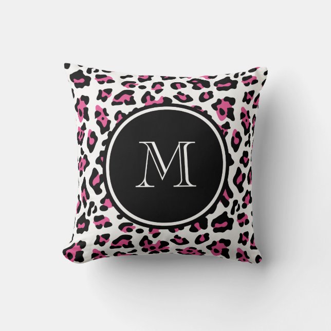 Hot Pink Black Leopard Animal Print with Monogram Throw Pillow (Front)