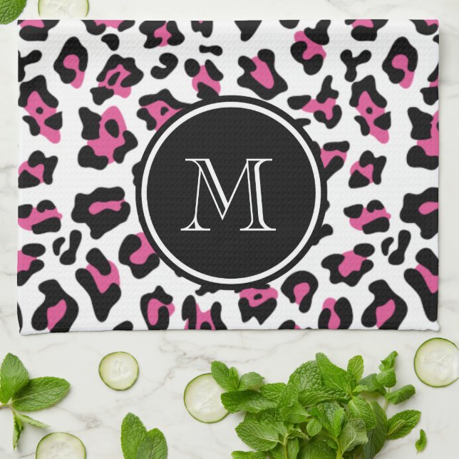 Hot Pink Black Leopard Animal Print with Monogram Towel (Folded)
