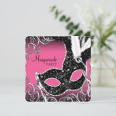 Hot Pink Black Mask Masquerade Party Invitation (Standing Front)