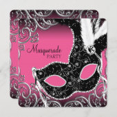 Hot Pink Black Mask Masquerade Party Invitation (Front/Back)