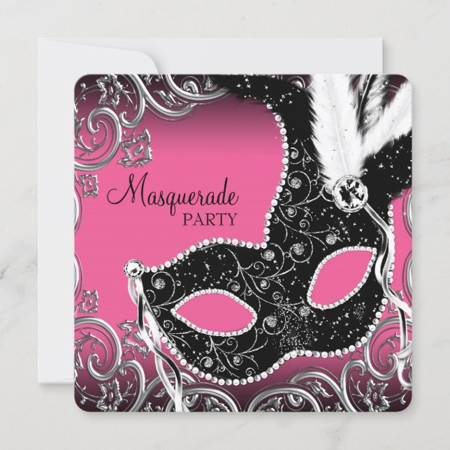Hot Pink Black Mask Masquerade Party Invitation (Front)