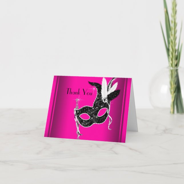 Hot Pink Black Masquerade Party Thank You Cards (Front)