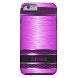 Hot Pink &amp; Black Metallic Brushed Aluminum Look Tough iPhone 6 Case