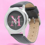 Hot Pink Black Modern Script Girls Monogram Name Watch<br><div class="desc">Accessorize with elegance using our Hot Pink Modern Script Girls Monogram Name Watch! This stylish timepiece features a vibrant hot pink face, personalized with your name in a chic modern script for a unique, custom look. Perfect for adding a pop of color to any outfit, it combines fashion with functionality....</div>