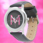 Hot Pink Black Modern Script Girls Monogram Name Watch<br><div class="desc">Accessorize with elegance using our Hot Pink Modern Script Girls Monogram Name Watch! This stylish timepiece features a vibrant hot pink face, personalized with your name in a chic modern script for a unique, custom look. Perfect for adding a pop of color to any outfit, it combines fashion with functionality....</div>