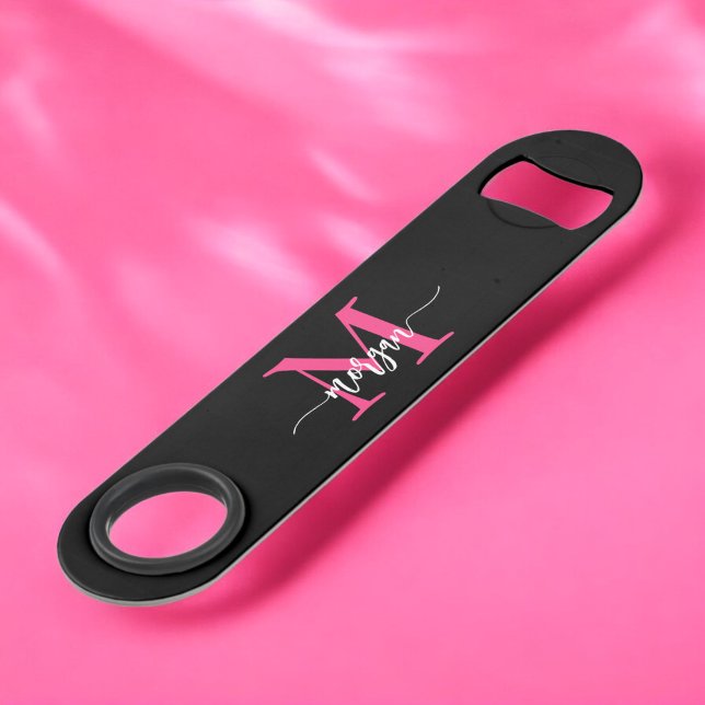 Hot Pink Black Modern Script Girly Monogram Name Bar Key (Creator Uploaded)