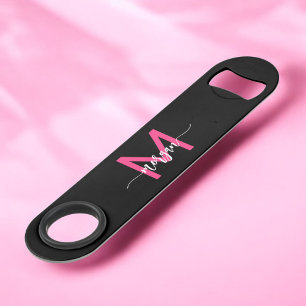 Hot Pink Black Modern Script Girly Monogram Name Bar Key