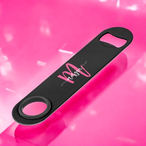 Hot Pink Black Modern Script Girly Monogram Name Bar Key