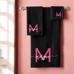 Hot Pink Black Modern Script Girly Monogram Name Bath Towel Set