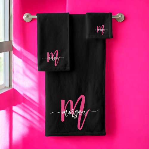 Hot Pink Black Modern Script Girly Monogram Name Bath Towel Set