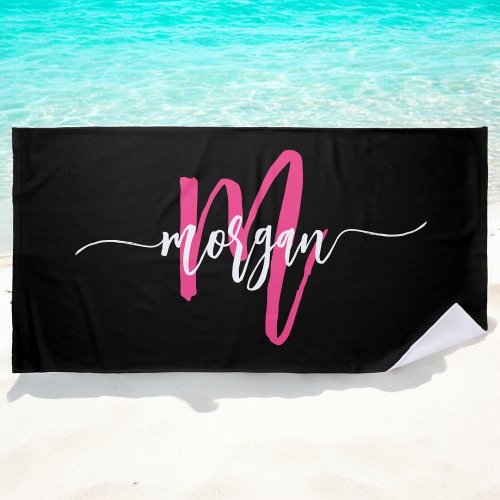 Hot Pink Black Modern Script Girly Monogram Name Beach Towel