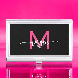 Hot Pink Black Modern Script Girly Monogram Name Business Card Case