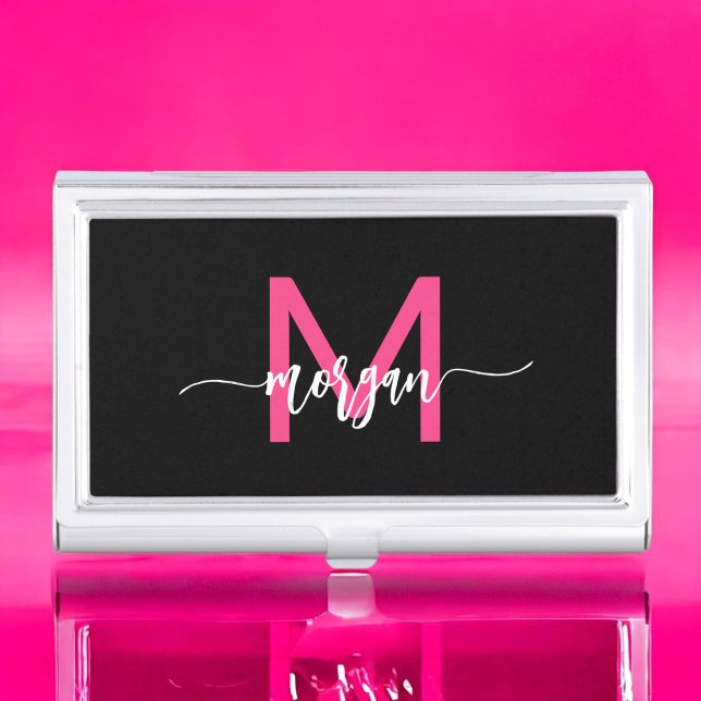 Hot Pink Black Modern Script Girly Monogram Name Business Card Case (Creator Uploaded)