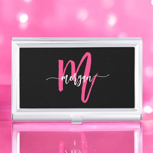 Hot Pink Black Modern Script Girly Monogram Name Business Card Case