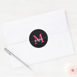 Hot Pink Black Modern Script Girly Monogram Name Classic Round Sticker
