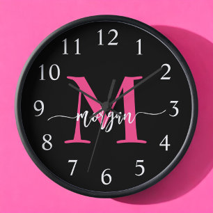 Hot Pink Black Modern Script Girly Monogram Name  Clock